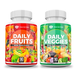 Pure Factors Daily Fruits and Veggies Supplement with Ashwagandha and Elderberry Superfood Fruits and Veggies Capsules Fruit and Vegetable Supplements for Women and Men (90 Capsules, Pack of 2)