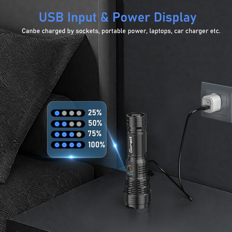 Flashlights LED High Lumens Rechargeable, Goreit 20,000 Lumens XHP70.2 Super
