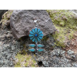 Handmade Sunflower Blue Turquoise Sterling Silver 925 Multi Gemstone & Opal Pendant D29