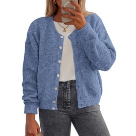 PRETTYGARDEN Fall Long Sleeve Cardigans for Women Trendy 2026 Lightweight Button Down Crewneck Loose Knit Sweater Clothes (Blue,Medium)