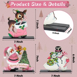 BkeeCten 3pcs Vintage Pink Christmas Theme Wooden Table Topper Centerpiece Decoration Signs, Victorian Style Santa Claus Elk Snowman Detachable Tabletop Sign Decor for Christmas Party Supplies