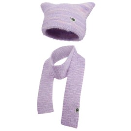 Croogo Fuzzy Beanie Cute cat Ear Hats for Women Winter Knit Long Scarf Neck Warmer Stylish Beanie Gift Set,Purple-KHAM2402