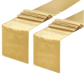 Paquete de 2 caminos de mesa de satén dorado claro, 12 x 108 pulgadas de largo, satén brillante, decoración de mesa suave y sedosa para decoración de fiesta de cumpleaños, banquetes de boda