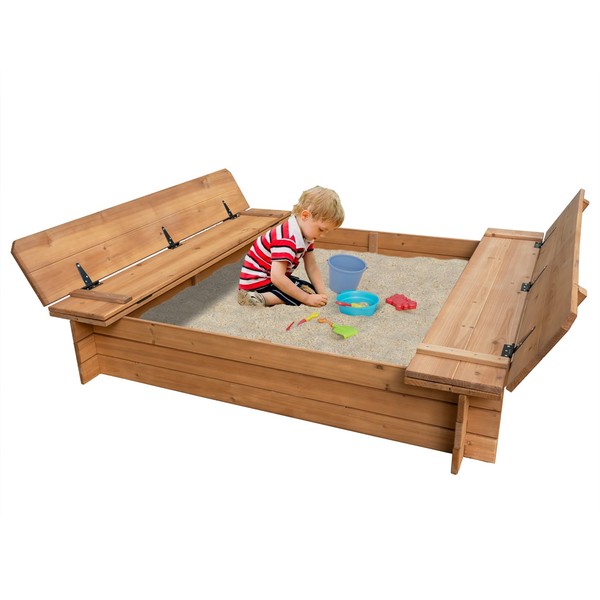 BIRASIL Wood Sandbox with 2 Bench Seats, Sand Boxes with Lid for Kids, Sand Pit with Cover for Outdoor Backyard Patio, 48 Inch