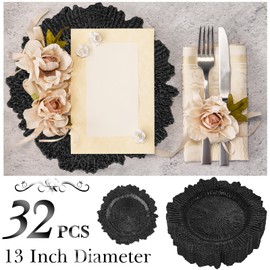 32 Pack Charger Plates Set Reef Plate Chargers for Dinner Table Serving Tray Floral Plastic Decorative Plates for Table Setting Wedding Party, 13 Inch (Black)