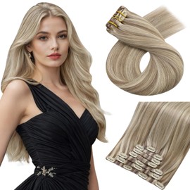 Moresoo Seamless Clip in Hair Extensions Human Hair Brown and Blonde Hair Extensions Clip in Straight Medium Golden Brown with Platinum Blonde 14 inch 120g/7pcs