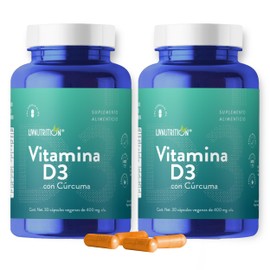 Liv Nutrition | Vitamina D3 Suplemento alimenticio a base de Cúrcuma, Vitamina D3 y Estearato de magnesio con 60 Cápsulas de 400 mg | Pack 2 frascos c