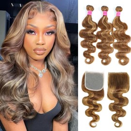 Ombre Brown Body Wave Bundles with 5x5 Closure 100% Unprocessed Highlight Human Hair Body Wave 3 Bundles with 5x5 Middle Part Lace Closure Piano Color