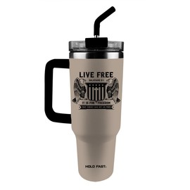 Hold Fast Kerusso Live Free Christ Has Set Us Free - Galatians 5:1-40 Ounce Kitchen-grade Stainless Steel Travel Tumbler with Lid and Straw, Black and Tan