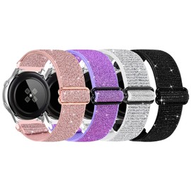 DKGKOO Quick Release Adjustable Stretchy Watch Band - Choice of Width - 18mm, 19mm, 20mm, 22mm Elastic Watch Straps Solo Loop Sport Nylon Replacement Wristband (Shining Pink+Silver+Black+Purple, 20mm)