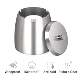 WUSIFIE Ash Tray, Large Outdoor Ashtray with Lid, Ashtray for Outside Patio, Stainless Steel Windproof Smokeless Ash Tray for Balcony, Ashtrays for Smokers, Cigar, Home Office Decoration