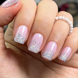 Curvlife 30pcs Short Press On Nails, Shining Stick on Fake Nails Design Glossy Acrylic Nails Tips Glue on Nails For Women False Nail Kit With Nail Glue