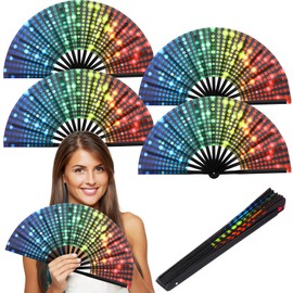 Geetery 4 Pcs Large Folding Rave Fan Women/Men Carnival Party Rainbow Sequin Pattern Pride Handheld Fan Christmas Drag Queen Festival Fan Chinese Bamboo Nylon Cloth Craft Folding Hand Fan