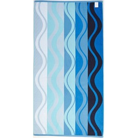 Arus Jacquard Woven Turkish Terry Cotton Beach Towel, Waves, Blue, 28x55