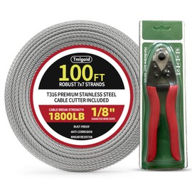 Rayzi Stainless Steel Cable for Railing - 100FT 1/8" T316 Wire Rope Cable for Deck Railings System Kit, with a Cutter, 1800 lb Breaking Strength, 7x7 Strands Aircraft Cable, Silver