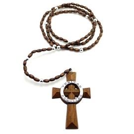 NYFASHION101 Veritas Aequitas Cross Pendant 5mm 39" Wooden Rosary Necklace, Brown/Silver-Tone