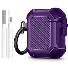 Maxjoy for AirPods Case, Carbon Fiber Secure Lock Clip Full Body Shockproof Hard Shell Protective Case Cover with Keychain for AirPod 1st and 2nd Generation Wireless Charging Case, Purple