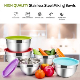 E-far Mixing Bowls with Lids Set of 5, Stainless Steel Mixing Bowls Metal Nesting Bowls with Airtight Lids, Non-toxic & Dishwasher Safe, Great for Cooking, Baking, Serving - Size 0.7/1/1.5/3/4.6QT
