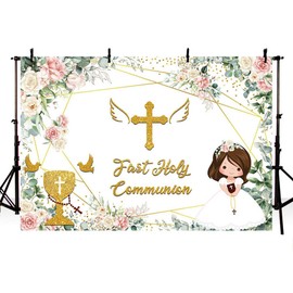 AIBIIN 8x6ft First Holy Communion Backdrop God Bless Girls Baptism Party Decorations Christening Ceremony Newborn Baby Shower Photography Background Pink Floral Favors Gifts Photo Supplies
