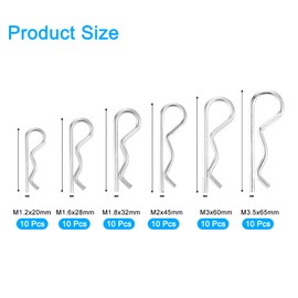 sourcing map 60Pcs 6 Sizes Zinc-Plated Carbon Steel R Shaped Spring Cotter Pins Set, R Clips Cotter Pin Spring Fastener for Household Appliances, Car Mechanics Repair (White)