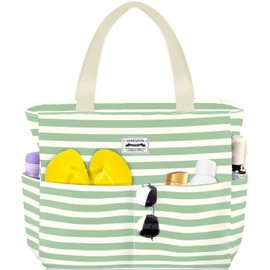 HOMESPON Large Waterproof Beach Tote Bag for Women with Zip and Pockets Foldable Handbag for Travel Pool Shopping Holiday Gym-White and Green Stripes