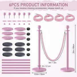 kaiyomi 6Pcs Posts with Pink Velvet Ropes Set, 5 Feet Crowd Control Stanchions Kit for Red Carpet Party Decoration and Ribbon Cutting Ceremony (Pink)