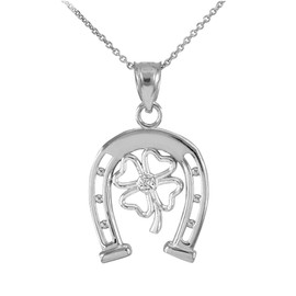 Fine 925 Sterling Silver Lucky Horseshoe with Irish 4-Leaf Clover CZ Pendant Necklace, 16"