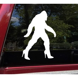 Minglewood Trading Bigfoot in Heels Vinyl Sticker - Sasquatch Believe 4x4 Off Road - Die Cut Decal - 7w x 10h inches - White