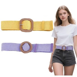 Eterspr Pack of 2 Elastic Stretch Waist Belts for Women, Straw Woven Belt, Women's Braided Waist Belt, for a Holiday with a Beach Dress, Purple, yellow, 100 x 4.5cm/39.37 x 1.77in