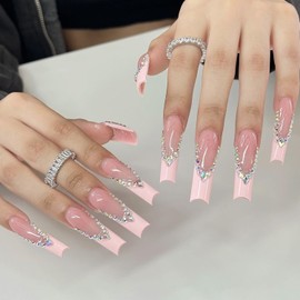FOXIIU Press on Nails Coffin Long Length Glossy Full Cover Acrylic Coffin Shape French False Nails with Rhinestone Designs Artificial Square Fake Nails with Charms Stick on Fingernails for Women
