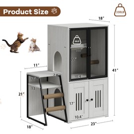 Cat Litter Box Enclosure, Double Layer Enclosed Litter Box Furniture with Door, Cat House with Ladder, White