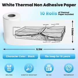 10 Rolls White Non-Adhesive Thermal Paper, Mini Printer Paper, 1.96" x 11.4' (50mmx3.5m/Roll), Compatible with T02 M02X M02L Pocket Printer, Black on White,Suitable for Notes, List, Study