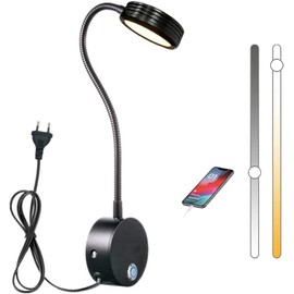 AUSLEUCH Dimmable LED Reading Lamps,Wall Mount Reading Lights for Bed Headboard,Flexible Gooseneck Headboard Reading Lam, Plug in Sconce Touch Control,3 Color Modes, 2A/5V USB Output,Black 1 Pack