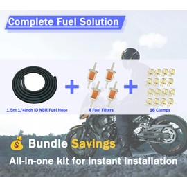 1/4 Fuel Line kits, 1.5Meter/5-Foot Fuel Line + 4Pcs Inline Fuel Filters + 16 Pcs 23/64'' Mini Fuel Hose Clamps