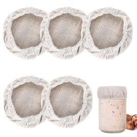 Prasacco 5 Pcs Sourdough Starter Jar Covers Reusable Sourdough Jar Cover Linen Jar Covers Elastic Cloth Jar Covers Breathable Jar Topper Lid Fermentation Container Tops for Fermentation Jars