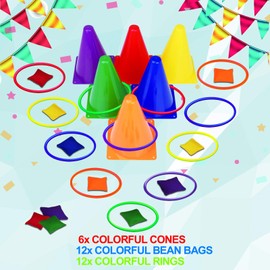 unanscre unanscre 31PCS 3 in 1 Carnival Outdoor Games Combo Set for Kids, Soft Plastic Cones Bean Bags Ring Toss Game, Gift for Birthday Party/Xmas