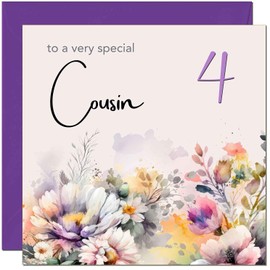4th Cousin Birthday Card - Purple Floral Cousin's Birthday Card for 4 Year old Kids four, fourth