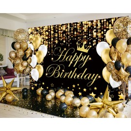 Black and Gold Happy Birthday Backdrop Banner for Women Men Birthday Party Backdrop, Balloons Stars Happy Birthday Sign Party Decorations Supplies (10X8FT, Polyester)