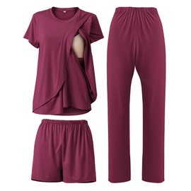 Rnxrbb 3 Piece Postpartum Nursing Pajamas Set Double Layer Maternity Breastfeeding Pjs Sleepwear for Women,Purple Red M