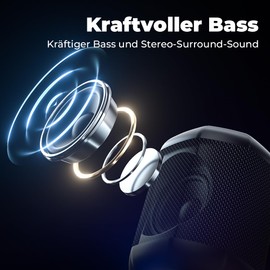 VOSFEEL Bluetooth Lautsprecher Klein mit LED Licht, Kabellos Bass Musikbox Wasserdicht Tragbarer, 18 Stunden Spielzeit Bluetooth Boxen für Handy und PC Mikro-SD und USB