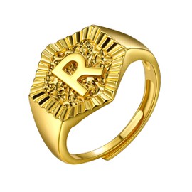U7 Adjustable Signet Ring Women Gold Chunky Rings R Initial Pendant