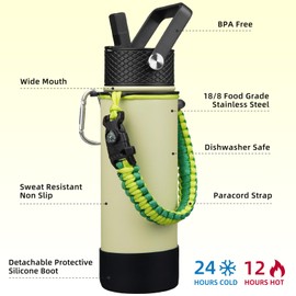 BJPKPK Insulated Water Bottle with Straw Lid, 22oz Thermos Water Bottles with 3 Lids, Paracord Handle & Non-slip Boot, BPA Free Leak Proof Stainless Steel Tumblers,Macaron Green