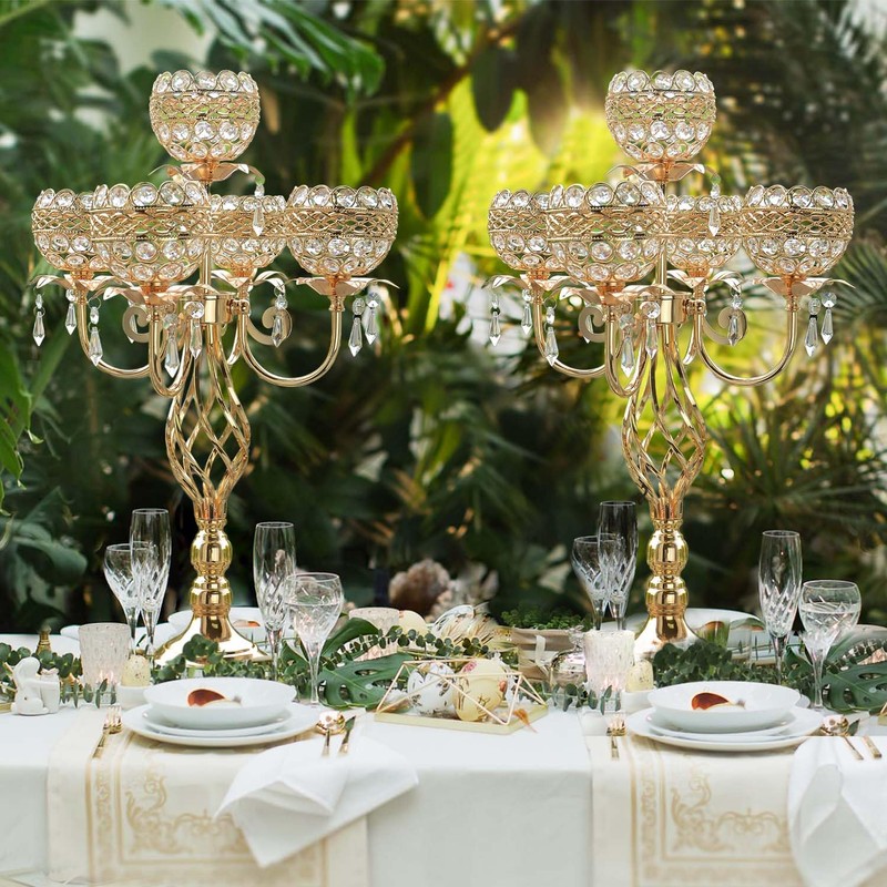 Crystal Candelabra Centerpiece, 5-Light Gold Metal Stand with Hanging Crystals,