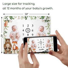 Yuzioey Twins Woodland Milestone Blanket, Twins Forest Animals Baby Growth Chart Monthly Blanket, Watch Me Grow Twins Baby Nursery for New Moms Baby Shower(50"x40")