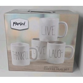 Parini Cookware 4 Piece Ceramic Coffee 12oz Mugs Live Love Laugh Thankful. NIB