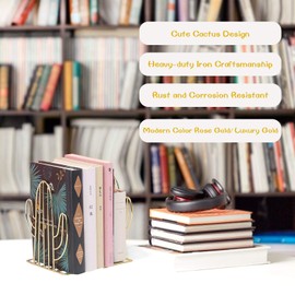 Metal Bookends, Non-Slip Decorative Cactus Book Holder for Shelves, Bookcase for Heavy Books, Magazines and CDs, Support for Home, Office, School, Library (Gold)