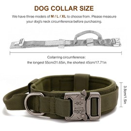 Tactical Dog Collar, Military Nylon Dog Collar Thick with Handle Dog Collars Adjustable Heavy Duty Metal Buckle for Dog Training （Note: Item Does not Contain Patch）(Green, L)