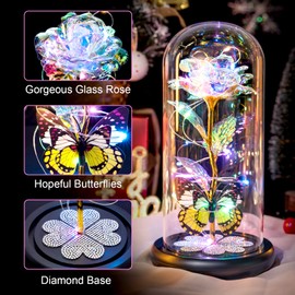 Pusuny Gifts for Women Birthday Gifts for Women, Galaxy Glass Rose Forever Eternal Crystal Flower Light Up Rose in Glass Dome with Butterfly for Women Her Mom Wife Friend Colorful