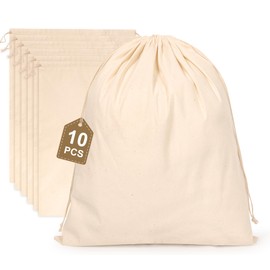 10PCS Cotton Storage Bags with Drawstrings, X-Large 14x17inch Multipurpose Canvas Fabric Bread Bags, Reusable Muslin Bulk Flour Sack Bags, Natural Potato Onion Storage Bags, Cloth Shoe Bags