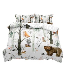 VIVIHOME 2PCS Woodland Animals Duvet Cover, Twin Bedding, White Duvet Cover, Boys Girls Kids Bedding, Cartoon Wildlife Bear Deer Fox Wolf Rabbit Rustic Cabin Lodge Quilt Comforter Cover, 1 Pillowcase